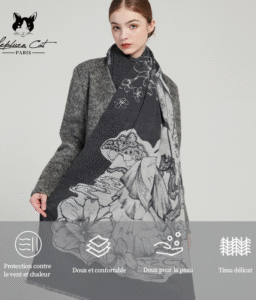 Hepburn Cat Écharpe Chic en Laine Mixtée Ornée de Fleurs Exubérantes