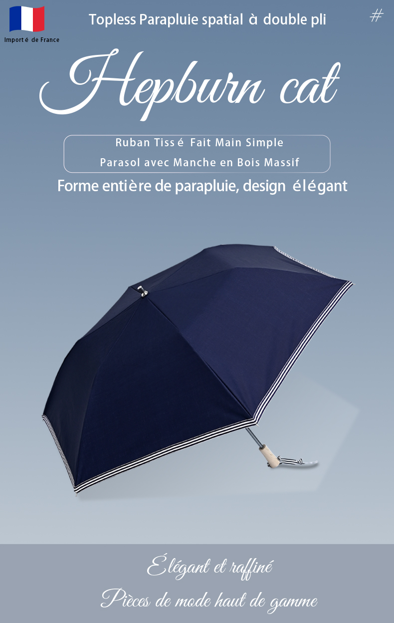 Hepburncat-Parapluie solaire avec ruban français et manche en bois